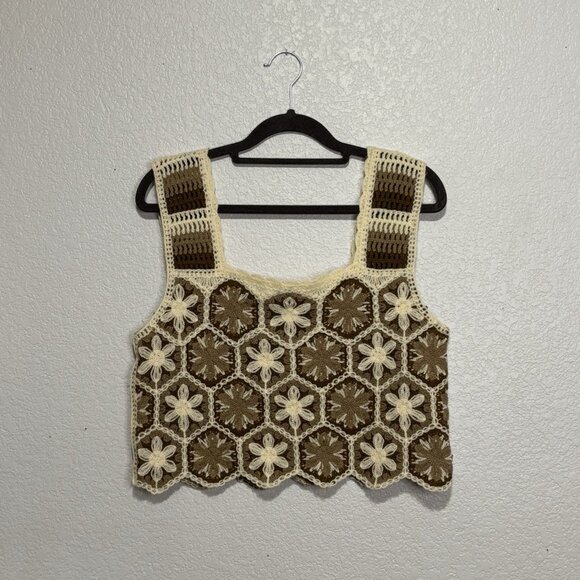 Granny Square Crochet Tank Top Brown Cream Y2K Boho Size S - Picture 9 of 10